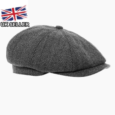 Grey Tweed Herringbone Gatsby Mens 8 Panel Baker Newsboy Cap Peaky Blinders Hat • £9.75