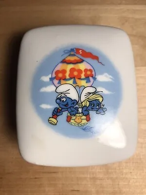 $14 • Buy Smurf Smurffette Hot Air Balloon Porcelain Trinket Box Wallace Berrie 1982