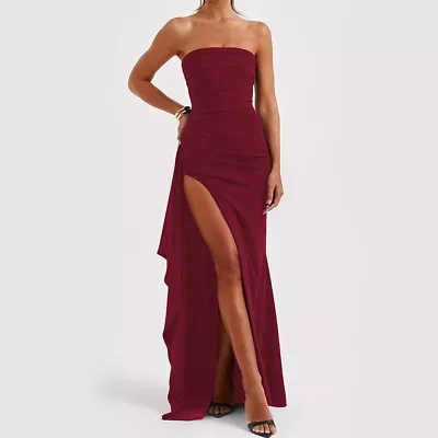 Burgundy Strapless Bodycon High Slit Maxi Dress • $44.99