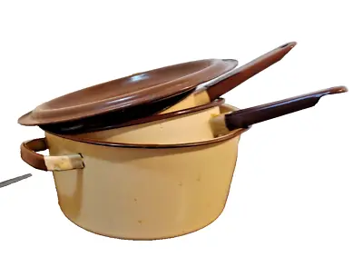 Vintage Tan/Brown Lid Enamel Stock/Sauce Pot Set Bucket FARMHOUSE DECOR One Lid • $25