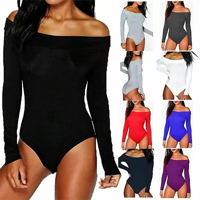 Womens Off Shoulder Long Sleeve  Plain Stretch Bardot Bodysuit Leotard Uk 8-26 • £6.89