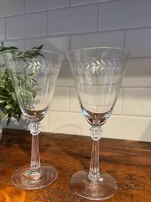 2 Vintage 1950's Fostoria Crystal Laurel Wreath Pattern Stem Water/Wine Glasses • $5