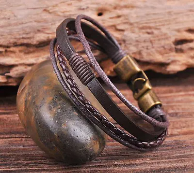 S532 Brown Surfer Leather & Hemp Hand Braid Bracelet Wristband Men's Cuff Bronze • £3.59