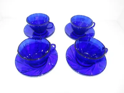 Duralex VERECO Cobalt Blue Rivage Swirl Set Of 4 Cups & Saucers France Textured • $24.01