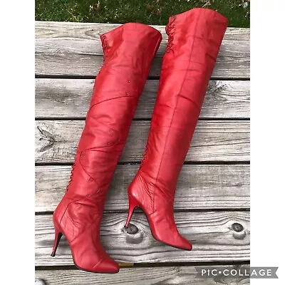 Vintage 80s Wild Pair Lipstick Red Leather OTK Thigh High Stiletto Boots 7 • $175