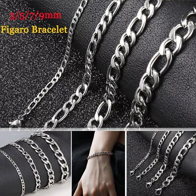 3/5/7/9mm Mens Figaro Chain Bracelet Silver Or Gold Plated Stainless Steel Link • $7.99