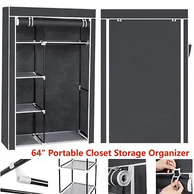 Portable Fabric Wardrobe Closet Clothes Storage Organizer W/Hanging RailShelves • £15.49