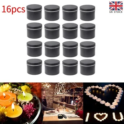 16x Round Candle Tins Black Metal Tins For Wax Soy Making Container Jars UK • £11.43