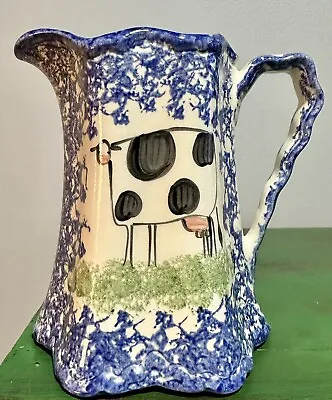 Molly Dallas Blue Spatterware Ohio Folk Cute Molly Cow Pitcher 6 1/2  Tall • $20