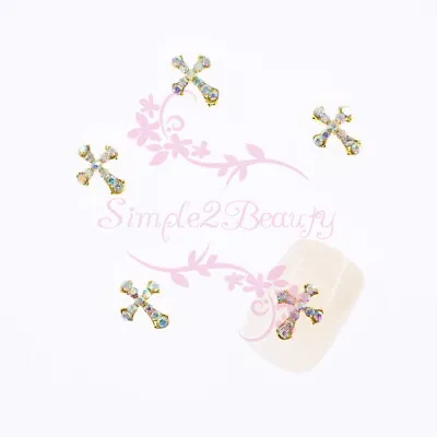 20 Nail Art Manicure Jewelry Charms Gold Metal Cross Shape AB Rhinestones Decor  • $6.48