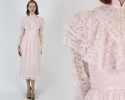 Vtg 70s All Over Lace Victorian Barbiecore Boho Wedding Ruffle Midi Dress Gown • $77