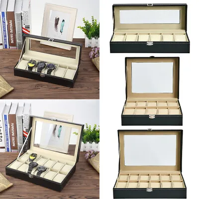 Mens 6 10 12 Grids PU Leather Watch Display Case Collection Storage Holder Box • £10.99