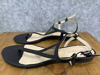 Nine West Women's Designer Classic Black Leather Flat Strap Sandals 6.5/37/4.5 • $19.95
