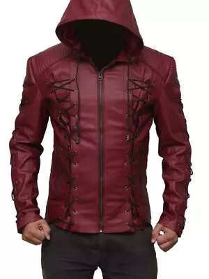 Red Arrow Hooded Arsenal Leather Costume Faux Movie Jacket Biker Rider All Size  • $71.99