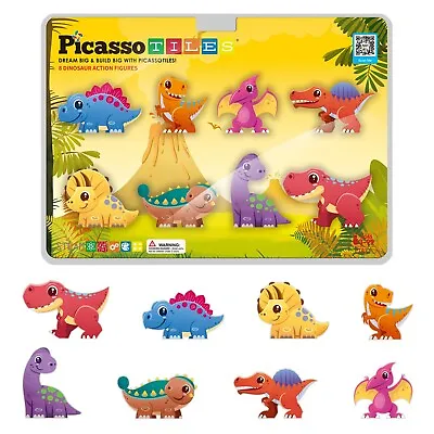 PicassoTiles 8pc Magnet Tiles Building Blocks 8 Dinosaur Action Figures PTA23 • $12.99