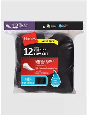 12 Pack Hanes Men’s Cushion Low Cut Black Socks Size 6-12 • $19.99