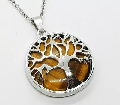 Tiger Eye Necklace Tree Of Life Pendant Healing Stone Quartz Tigers Eye Crystal • £5.99