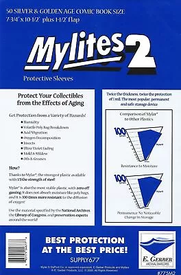 50 Mylites2 SILVER/ GOLD 2 Mil Mylar Archival Comic  Sleeve Bag E. Gerber 775M2 • $26.34