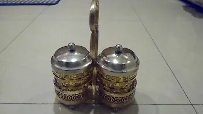 Vintage Condiment Caddy Set Gold Metal Amber Glass Dish Cups • $19.99