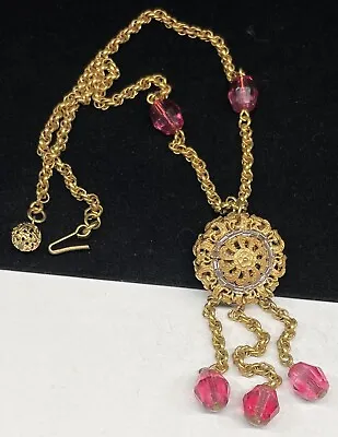 Miriam Haskell Signed Necklace Rare Vintage Gilt Pink Glass 16 X3-1/2  Dangle • $185