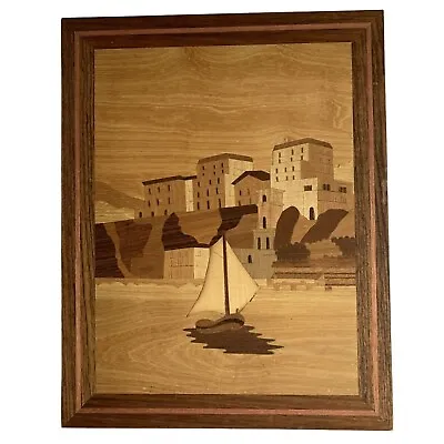 MCM Wooden Inlay Marquetry Art Seaside Village Sailboat • $14.92