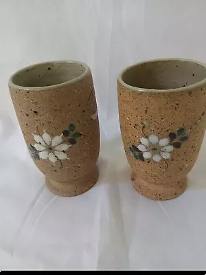 Tonala Mexican Pottery Pedestal Cups Enameled Raised Design Signed 4.25   Tall • $12.79