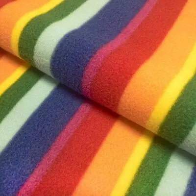 QUALITY Printed Anti Pil Polar Fleece Fabric Material RAINBOW STRIPE • £1.99