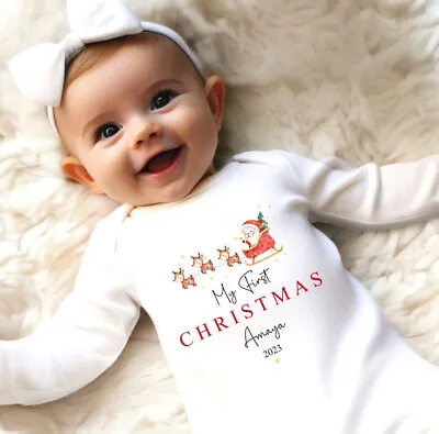 My First Christmas Personalised Sleepsuit 1st Xmas Santas Sleigh Babygrow • £5.99