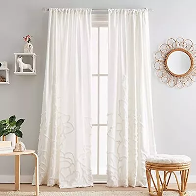 Semi Sheer Chenille Rose Rod Pocket Window Curtain Panel Pair 108  Whi • $131.35