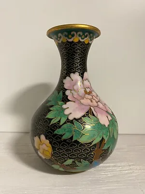 Vintage Cloisonné Vase Chinese Copper Black Enamel Floral Beautiful Small 5  • $32.99