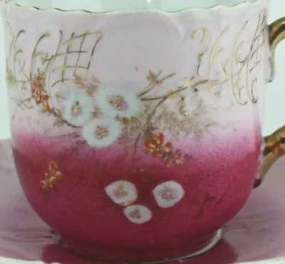 Pink Moustache Cup Saucer Floral Ombre Gradient Gold Hipster Scalloped Antique  • $64.99