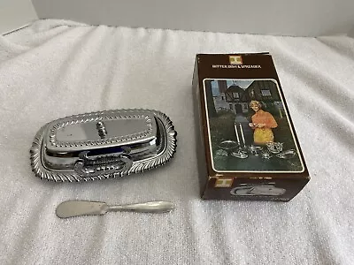 Vintage 1971 Irvinware Butter Dish Spreader Lid Glass Insert Chrome In Box • $19.99