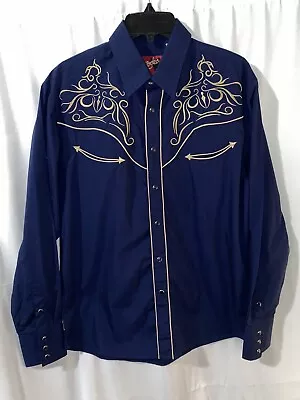 Rodeo Clothing Co. Pearl Snap Embroidered Blue Western Shirt Mens Medium • $22