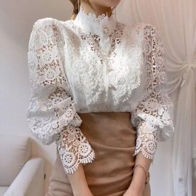 Lace Chic Button Vintage Shirt Long Puff Sleeve Clothes  Match Dresses Overcoat • $27.20