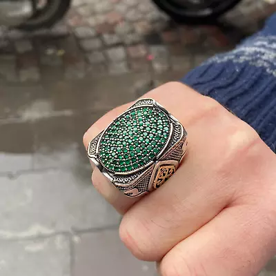 Men Handmade Large Micro Green Stone Ring  Turkısh Handmade Silver Ring • $145