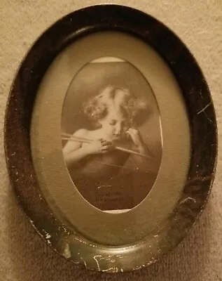 Antique 1897 Cupid Asleep M.B. Parkinson Print Oval Tin Frame  3 3/4 X 4 3/4  • $20