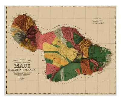 MAUI Hawaiian Island Government Survey MAP Circa 1885 24  X 30   • $24.97