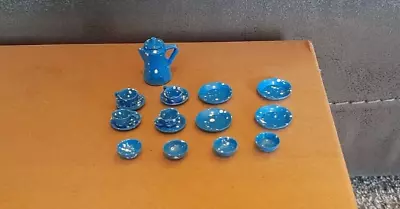 Vintage 17pc Miniature Doll Tea Set Blue Metal • $12.99