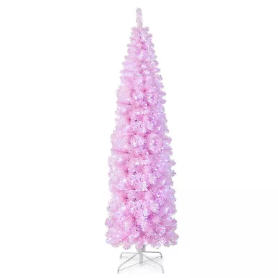 7 FT Pre-lit Christmas Tree Hinged Pencil Xmas Decoration W/ 350 LED Lights Pink • $99.99