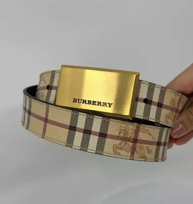 Men's Signature Beige Check Belt With Golden Plaque Buckle • $125