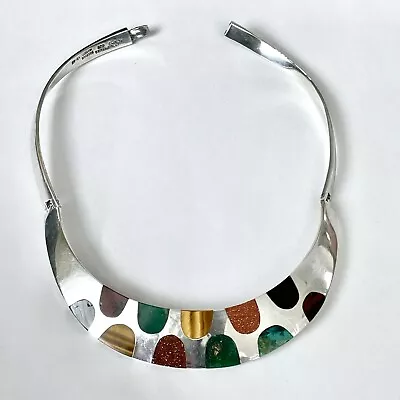 Silver Necklace Vintage Southwestern Turquoise Onyx Tiger Eye Choker Mexican 925 • $139.99