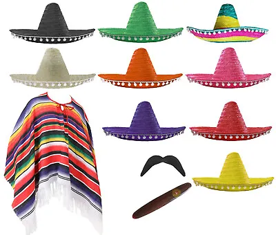 Mexican Fancy Dress Costume Poncho Sombrero Tash Cigar Wild Western Bandit Mens • £24.99