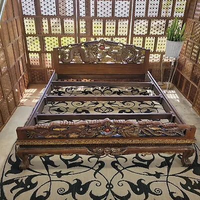 Hand Carved Solid Teak Bed Frame Dragon & Phoenix Super King Asian Deco Vintage  • $2740