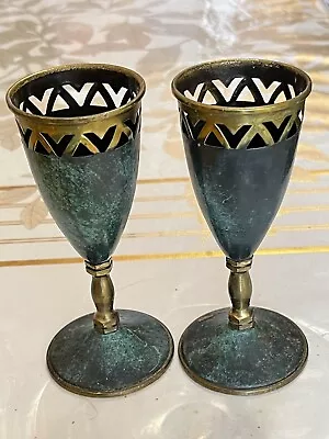 Vintage Oppenheim Israel  Judaism Hand Painted Enamel Brass Kiddush Goblets 4.5” • $28