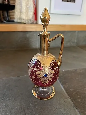 Moser Glass 19 Cranberry Decanter Jeweled Antique Crystal Gold Raised Gilt • $218