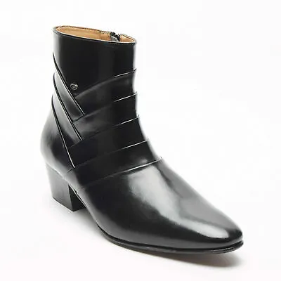 Lucini Mens Side Zip Leather Cuban Heel Boots Black & Brown Colour • £53.99