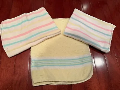 Vintage Lot Of 3 Baby Blankets Yellow And Pastel Stripes 1980s • $10