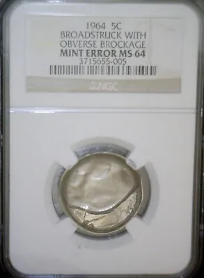 $795 • Buy 1964 ERROR NGC MS64 HUGE BROCKAGE +Broad Struck Jefferson Nickel NICE CH BU Coin
