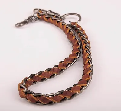 C49 Brown Braided Leather & Metal Rocker Biker Jean Keychains Key Wallet Chain • $14.99