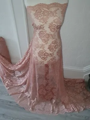 1m Dusty Pink Scolloped Vintage French Bridal Lace Fabric Chantilly  Dress 58” • £9.99
